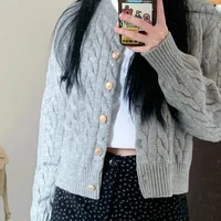 2024 Vintage Long Sleeve Cardigan Women Sweater O-neck Elegant Knitted Top Fashion Autumn Grey Knitwear - Image 2