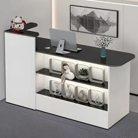 Modern Reception Desk Counter with Lockable Drawer & Open Shelves, Office Wooden Computer Front Desk with Cabinet for Salon 1