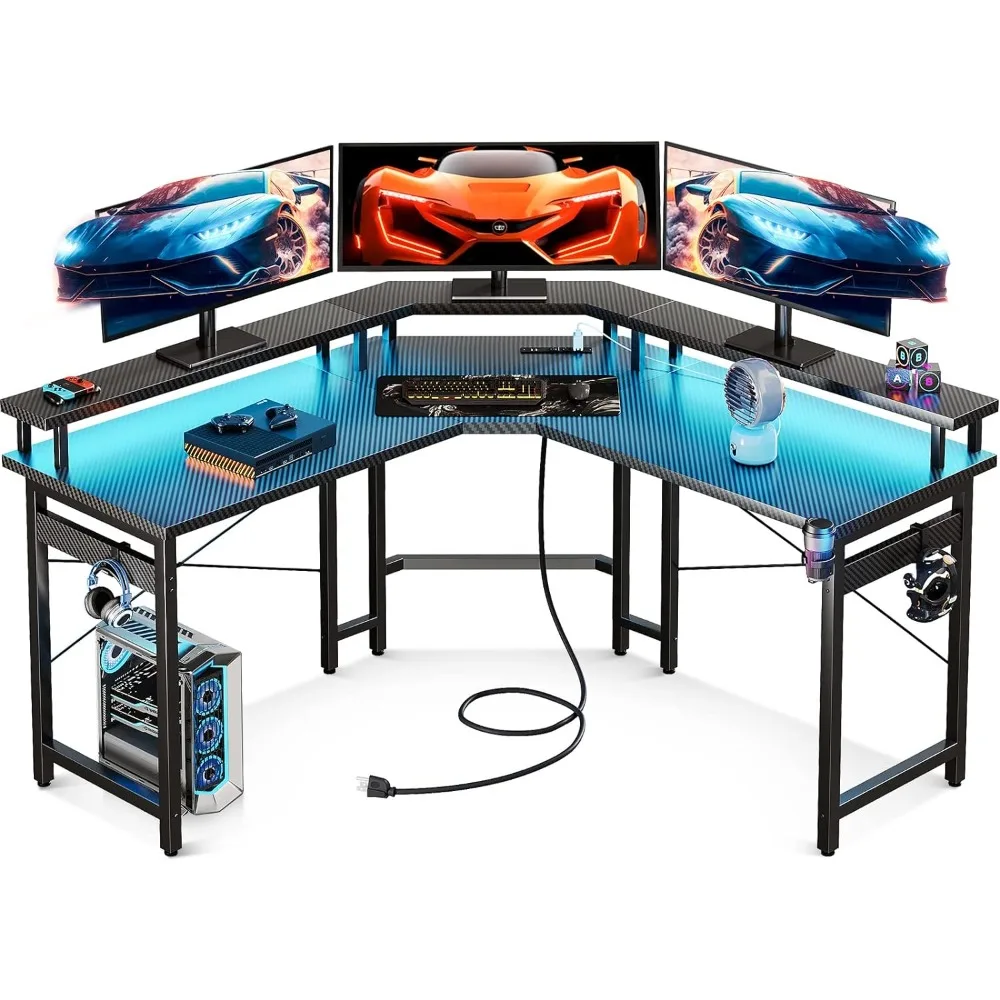 ODK L Shaped Gaming Desk with LED Lights & Power Outlets, 51