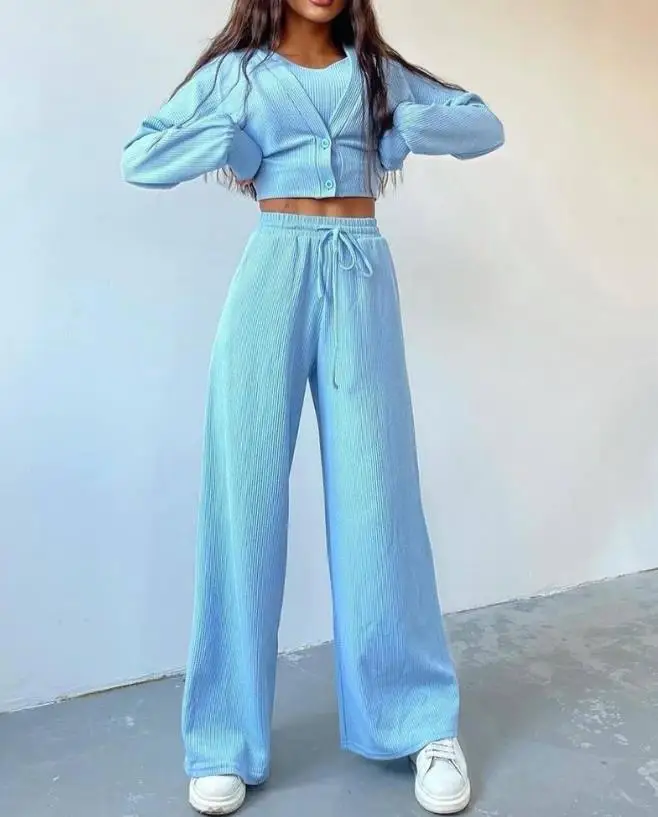 Two Piece Set Women Outfit 2023 Spring Fashion Ribbed V-Neck Sleeveless Crop Top & Drawstring Pocket Pants Set with Button Coat