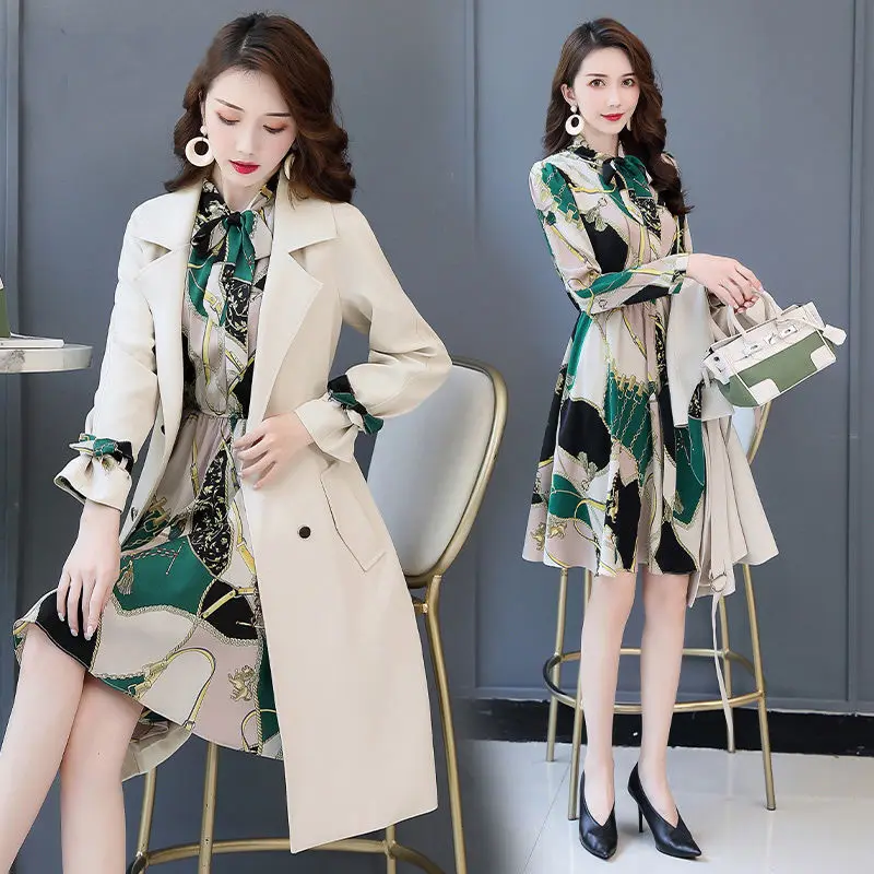 Spring Autumn Trench Coat Slim OL Ladies Women Dress Windbreakers Plus Size Two Pieces Sets J318 |