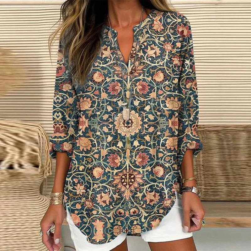

Женская блузка с цветочным принтом, элегантная свободная Асимметричная блузка в этническом стиле с V-образным вырезом, уличная рубашка с длинным рукавом, весна-осень 2024