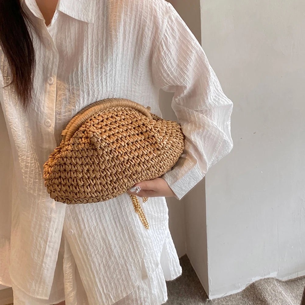 Women Straw Woven Bag Chain Strap Fashion Shoulder Bag Large Capacity Woven Dumpling Bag Solid Color for Party Vacation