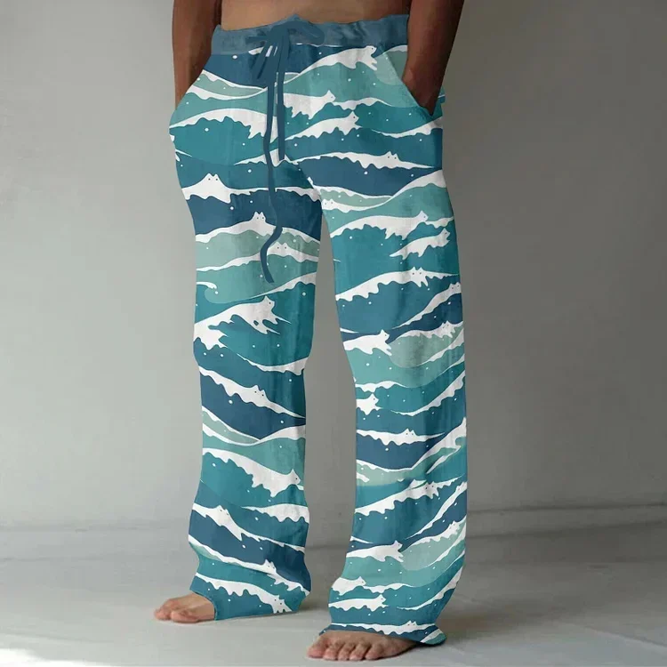 Fashion new simple pattern printed men's casual pants comfortable bamboo linen handsome straight pants loose daily leisure 6