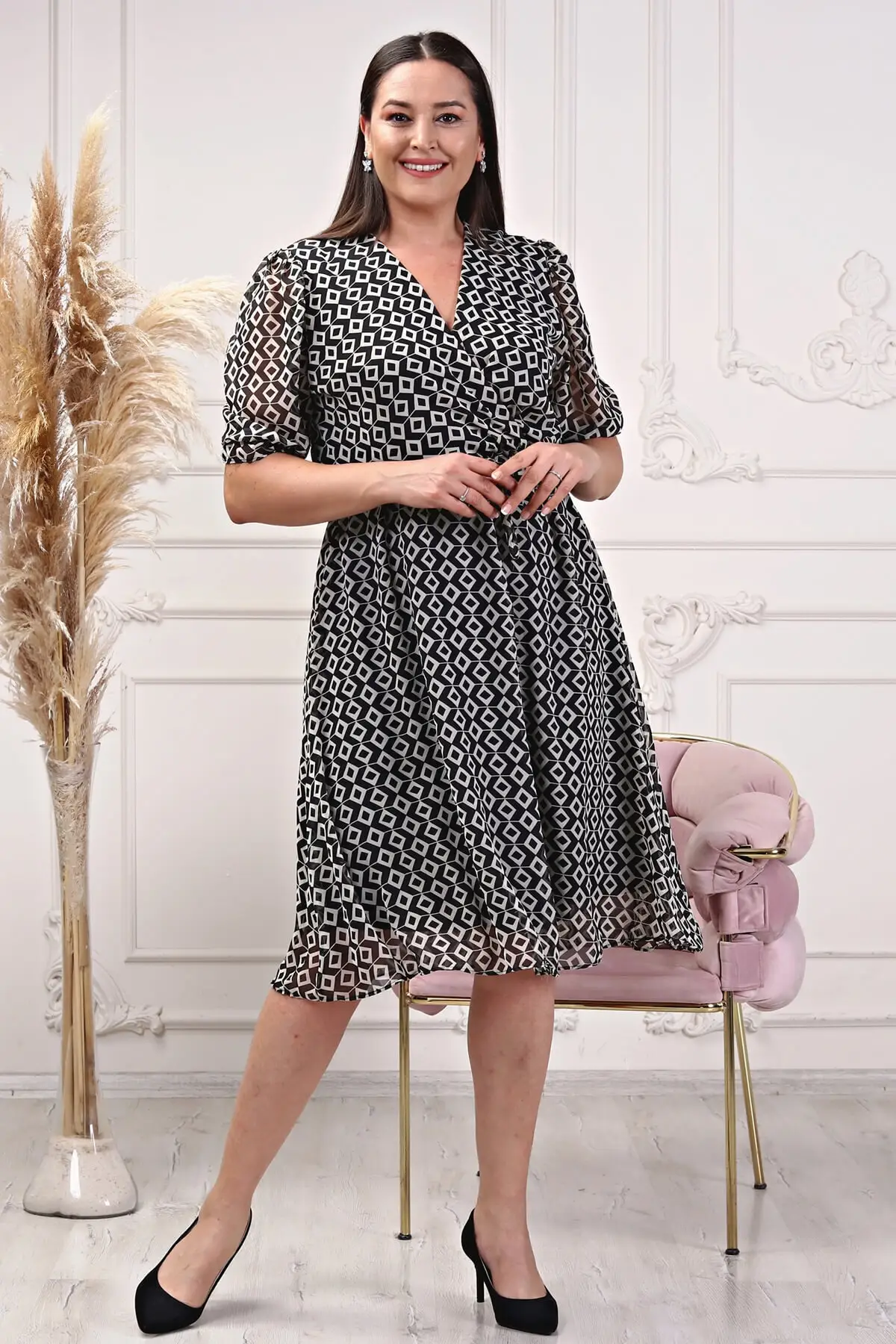 

Women Double Breasted Collar Midi Size Plus Patterned Chiffon Dress Nb80622 Short Sleeve Woven Printed Night Black Clothing