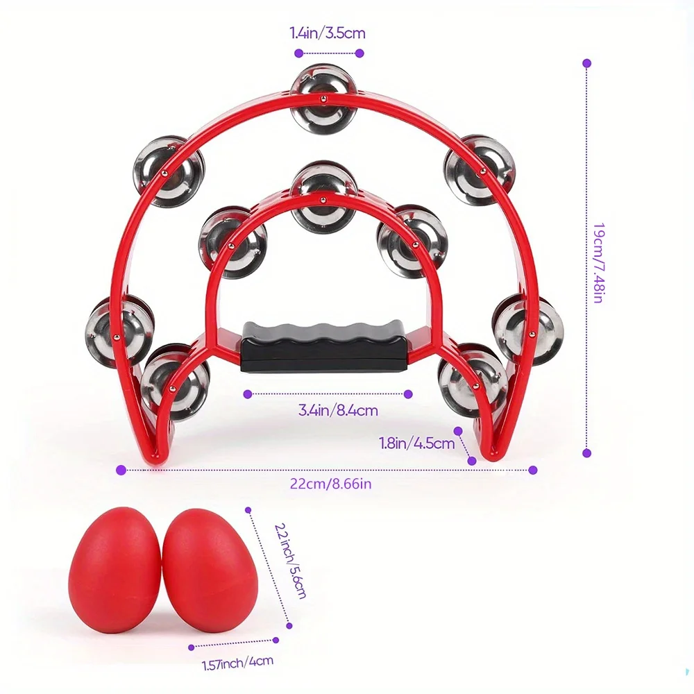 Half Moon Shaped Tambourine with Egg Shakers-Double Row Metal Jingles Handheld Bell Percussion Instrument for Dance Party KTV