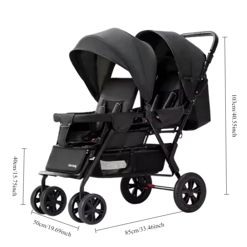Large Double Stroller Sit Lying Foldable Portable Front & Rear Seat with Adjustable Backrest Canopy Double Brake Storage Basket