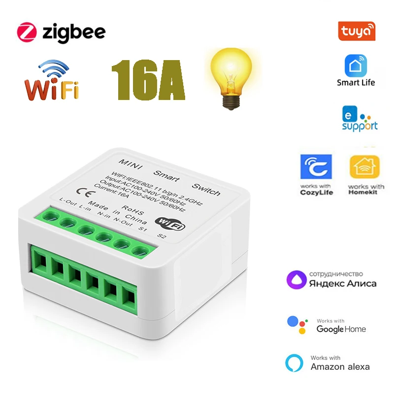 Zigbee WIFI Mini Smart Switch DIY 16A 2 Way Control Breaker Via Alexa ...