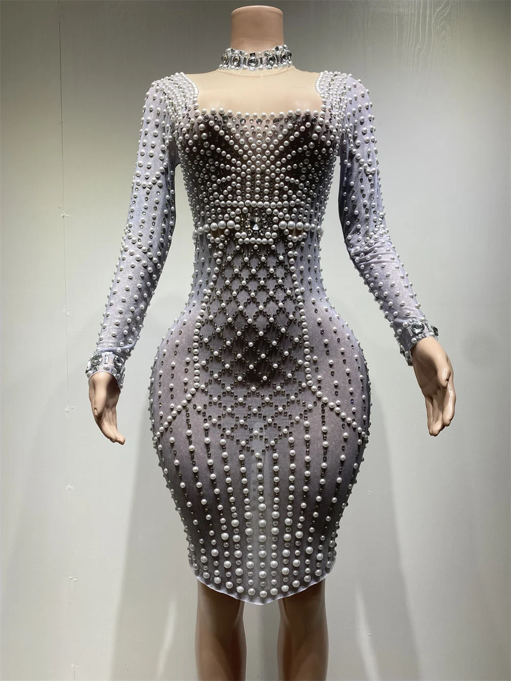 Women See Through Stretch Long Sleeve Stage Dress Beading Rhinestones
