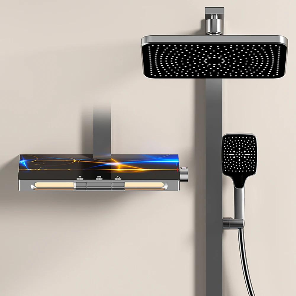 Ambient Lighting เปียโนดิจิตอลชุดฝักบัวอาบน้ําห้องน้ําน้ําตกก๊อกน้ําหัวฝักบัวสายฝนร้อนเย็นระบบดิจิตอล 1