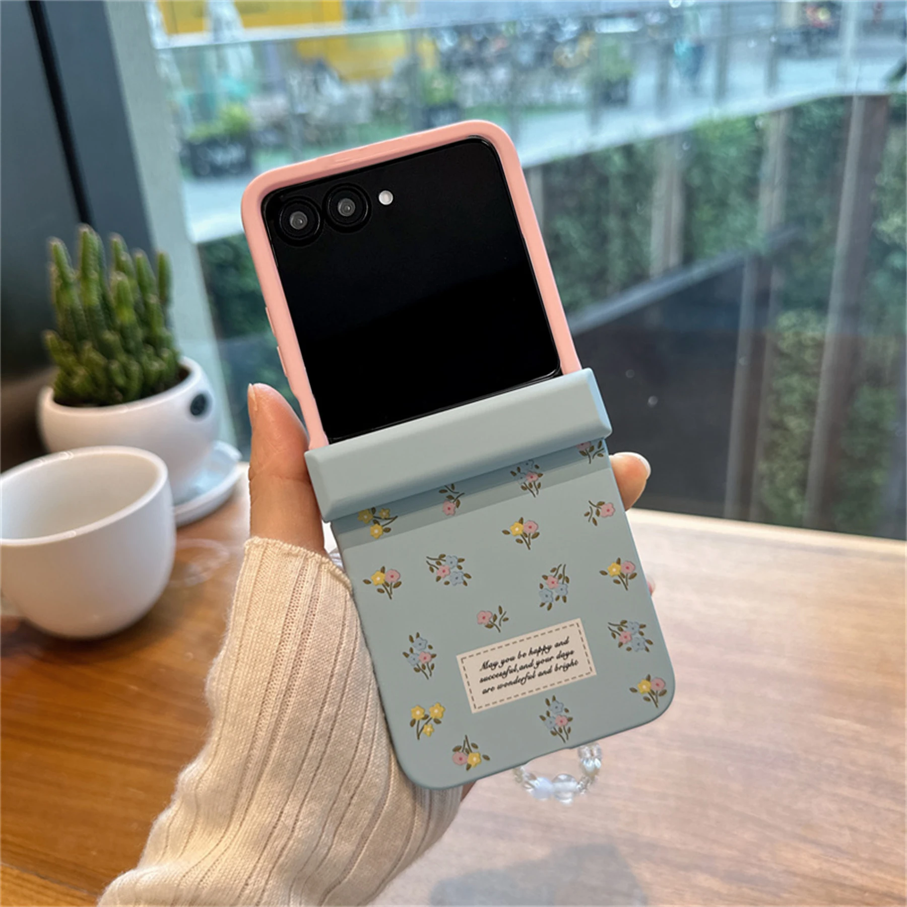 Cute Fresh Floral Pink Blue Phone Case with Bow and Beaded Bracelet Chain