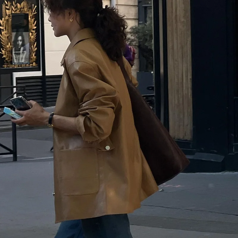 Vintage Leather Jacket for Women Spring Autumn 2024 New Simple Fashion Metal Single-breasted Brown PU Leather Jackets abrigos