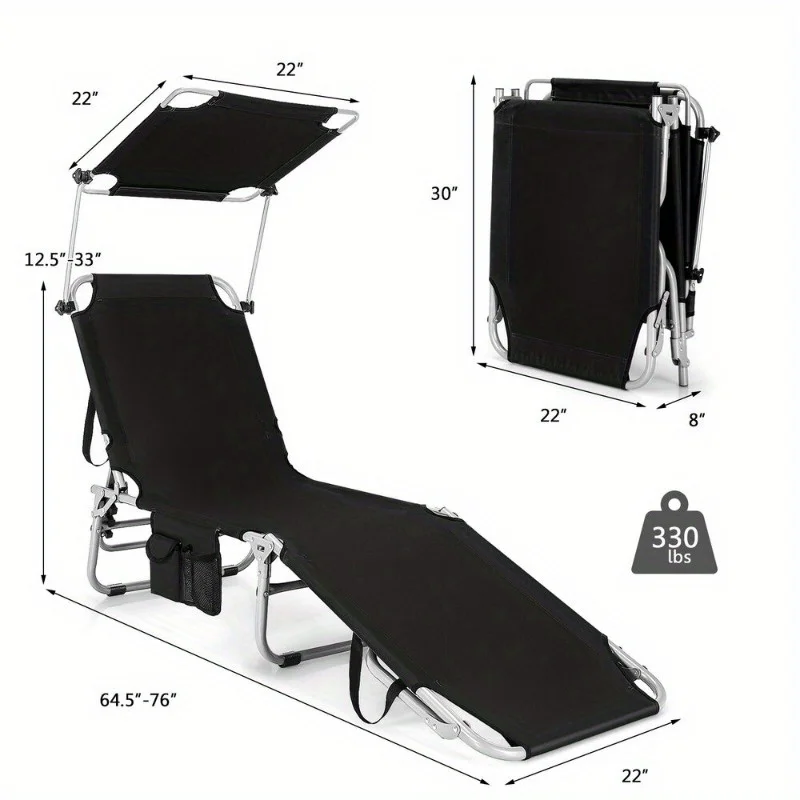 Foldable Sun Shading Lounge Chair Adjustable Beach Sunbathing Recliner W/Pocket 6