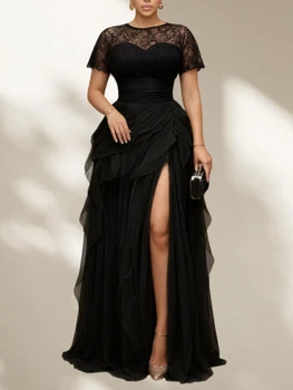 Elegant Plus Size Lace Mesh Evening Dress for Women Formal Splice Hollow Out Split Hem Layer High Waist Cocktail Party Dresses