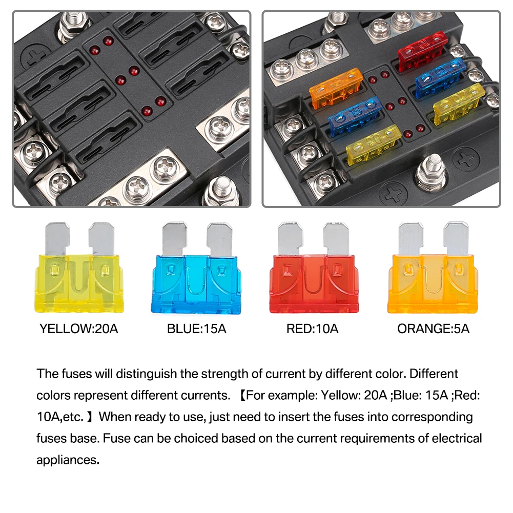 6/12 Möglichkeiten Sicherungskasten Set LED Warnanzeige 12 V 32 V Stromverteilung Panel Auto Boot Sicherungskasten Halter mit Kunststoffabdeckung ﻿ – Detail 3