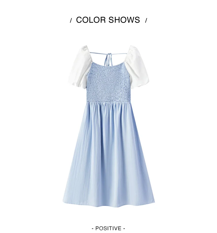 Dress Women Color-Blocking Puff Sleeves Sweet and Elegant Temperament Autumn Hepburn Style Tight Retro Skirt