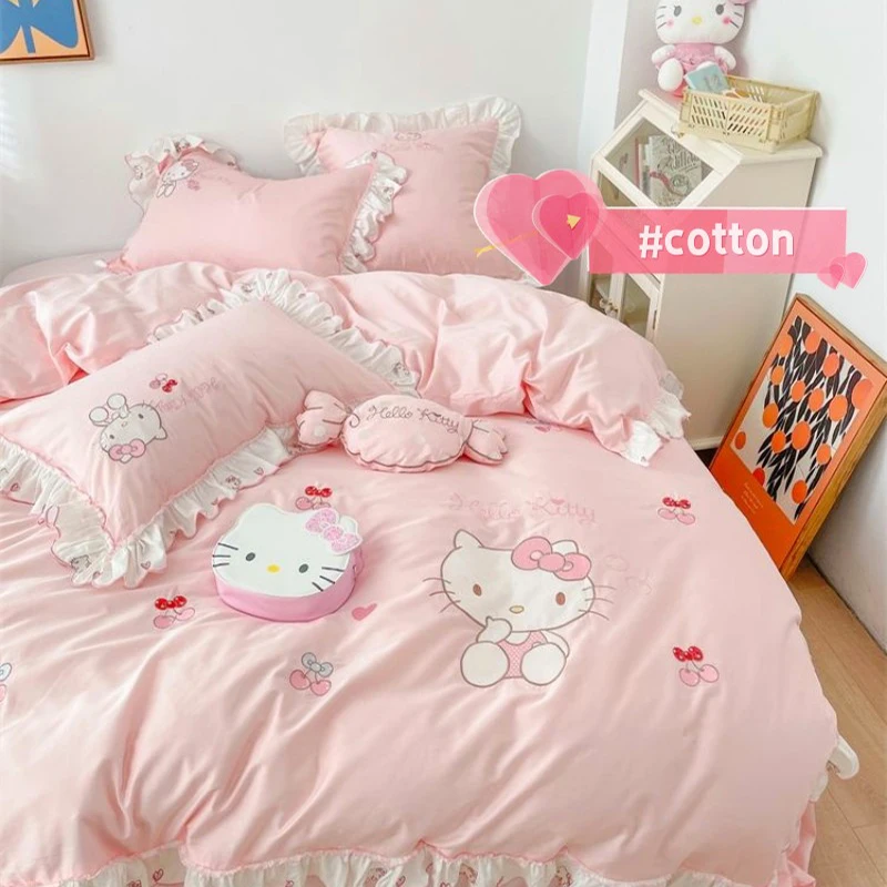

Sanrios Hellokittys Anime Cute Cartoon Bed Sheet Quilt Cover Japanese Kawai Cotton Bedding Four-piece Set Soft and Skin-friendly