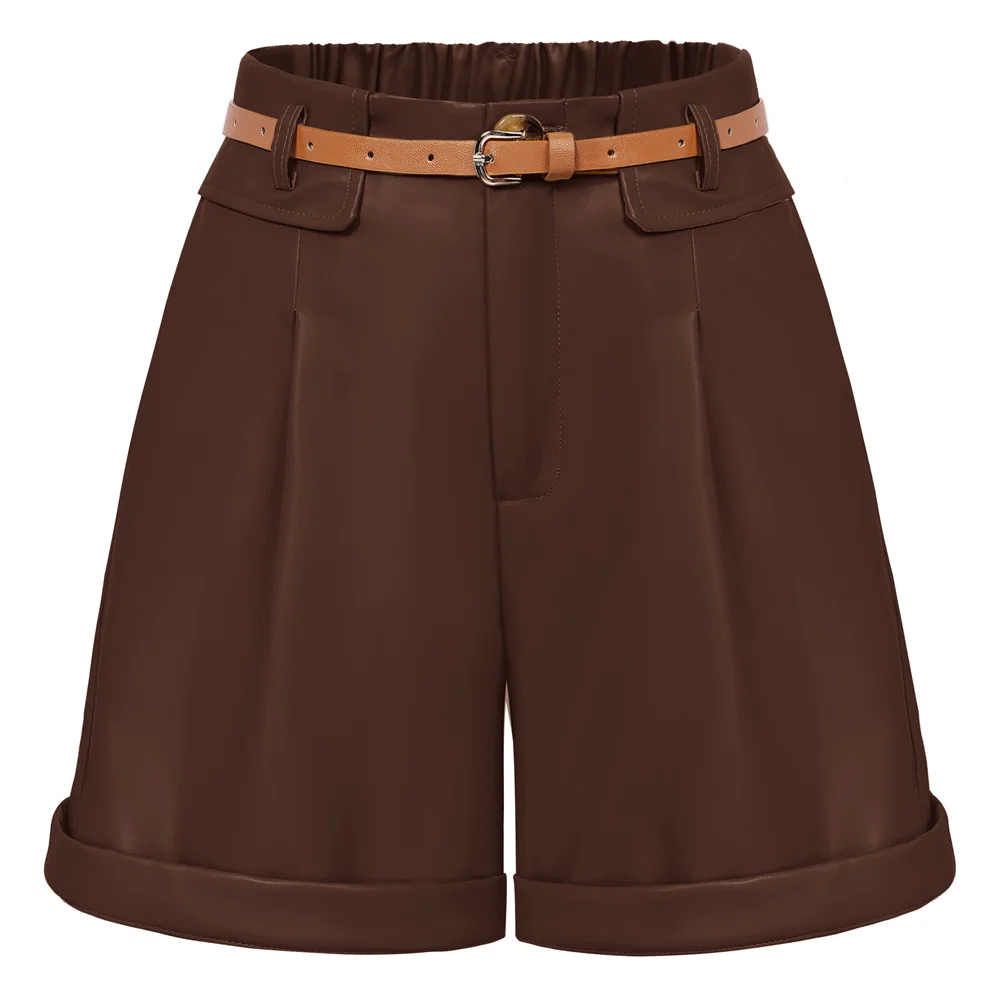 BP Women Vintage Polyurethane Leather Shorts With Belt Elastic Waist Shorts Lastic High Waisted Shorts With Pockets