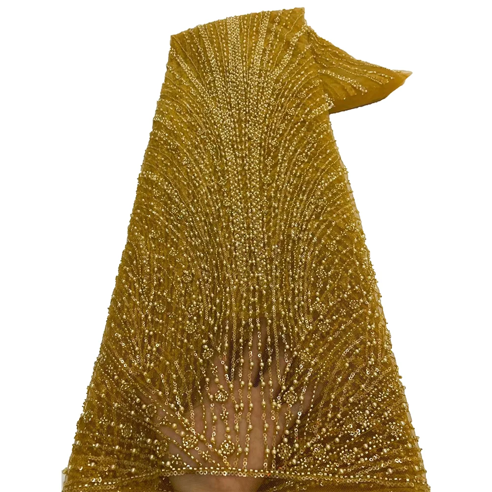 Lace Fabric African Gold Handmade Beaded Sequins for Wedding Dress