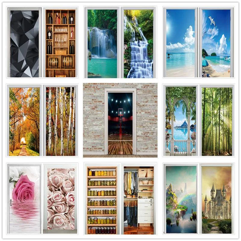 

Doors Decoration 3D Wallpapers Modern Design Self-adhesive Door Sticker Posters Murals Room Decor Sticker Forest Wall Paper