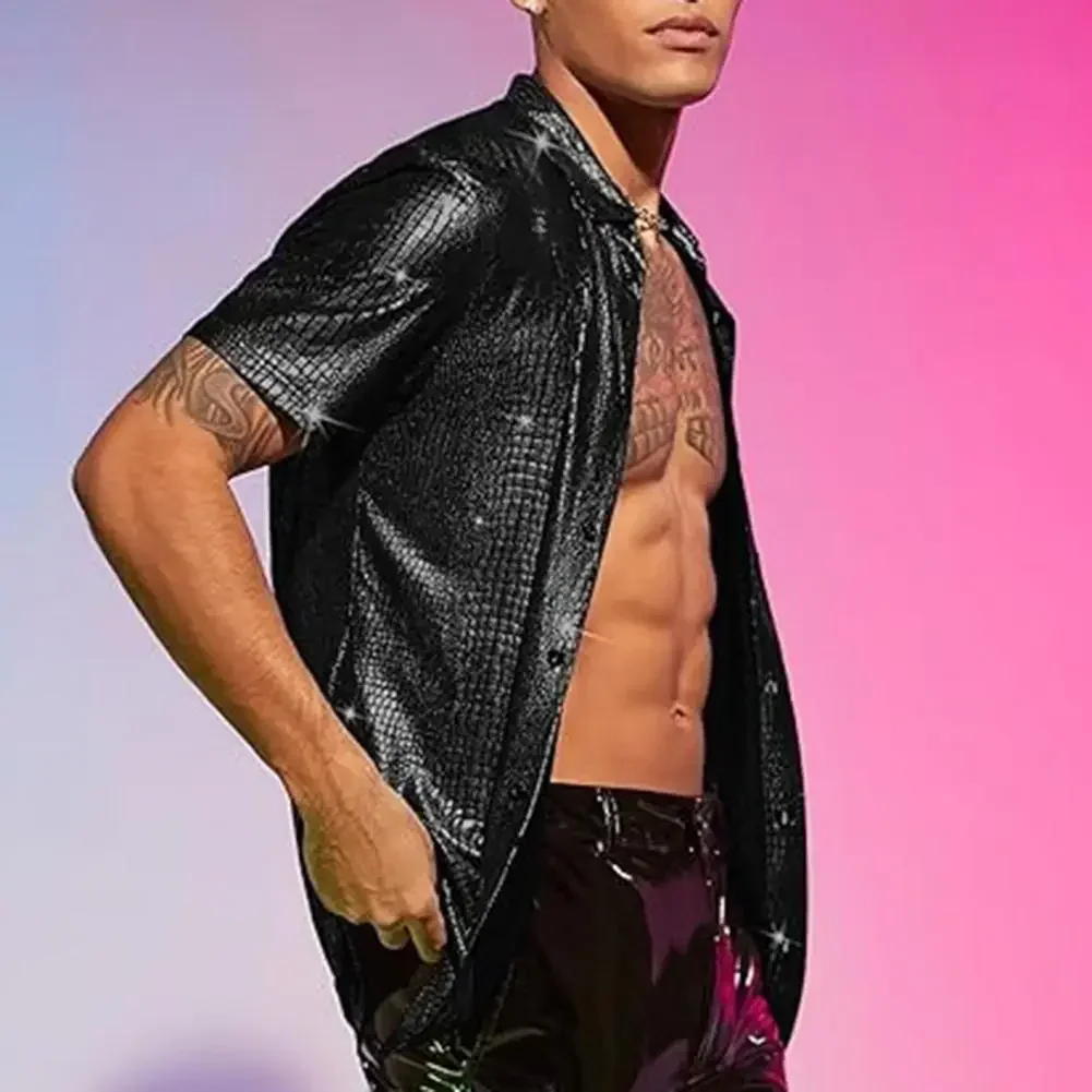 Men Party Shirt Shiny Surface Men's Performance Shirt with Turn-down Collar Long Sleeves for Club Party Disco Stage Show men party shirt