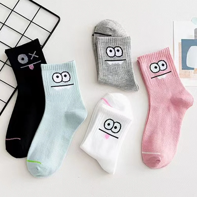 Women Socks Middle Tube Socks Mid Calf Socks Heart Print Socks Cartoon Socks 5 Pairs Cute Expression Print Socks Comfy & Funny All-match Mid Tube Socks