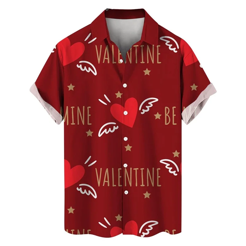 thumbnail image 1 of Camisetas de manga corta para hombre, con estampado 3D de amor, gráfico, camisas de botones para el día de San Valentín, blusa informal de verano para playa para hombre, 1 of 5