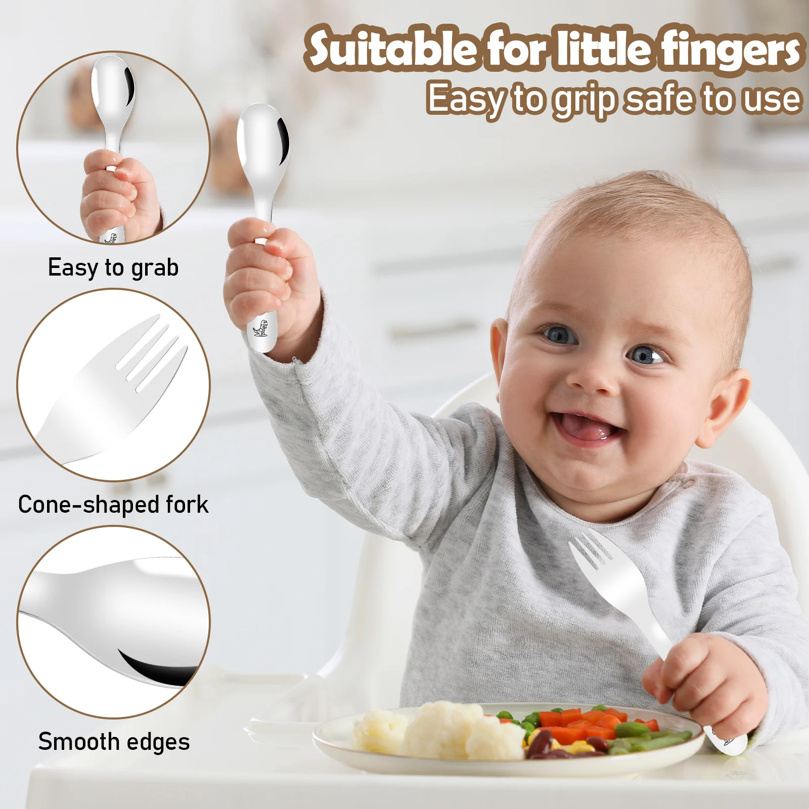 10Pcs Stainless Steel Toddler Utensils Set Cartoon Dinosaur Kid Silverware Set Mirror Polished Child Fork and Spoon Kit