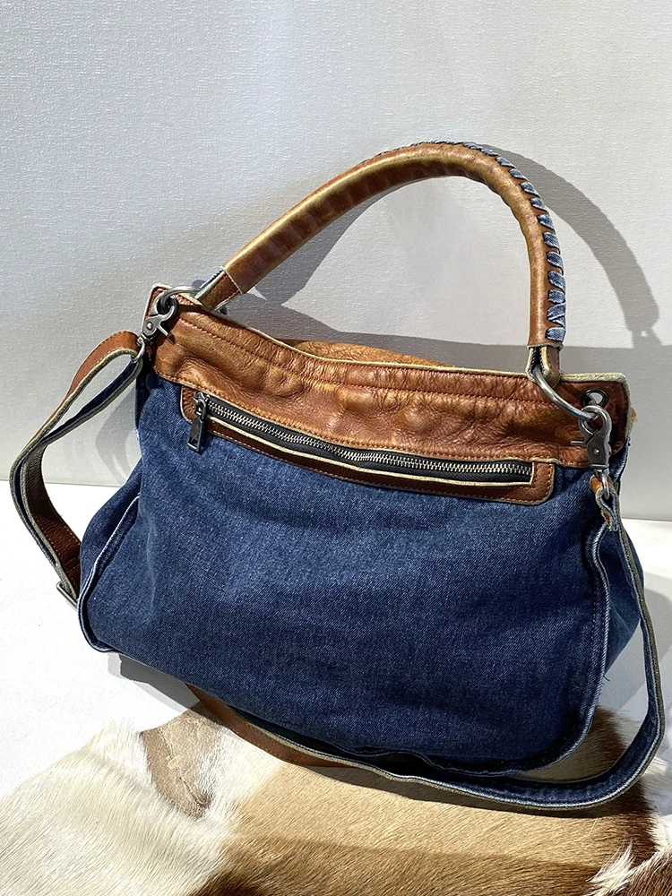 European And American Fashion Retro Washed Cowhide Saddle Bag Personalized Trend Fashion Large Capacity Denim Handheld Women Bag