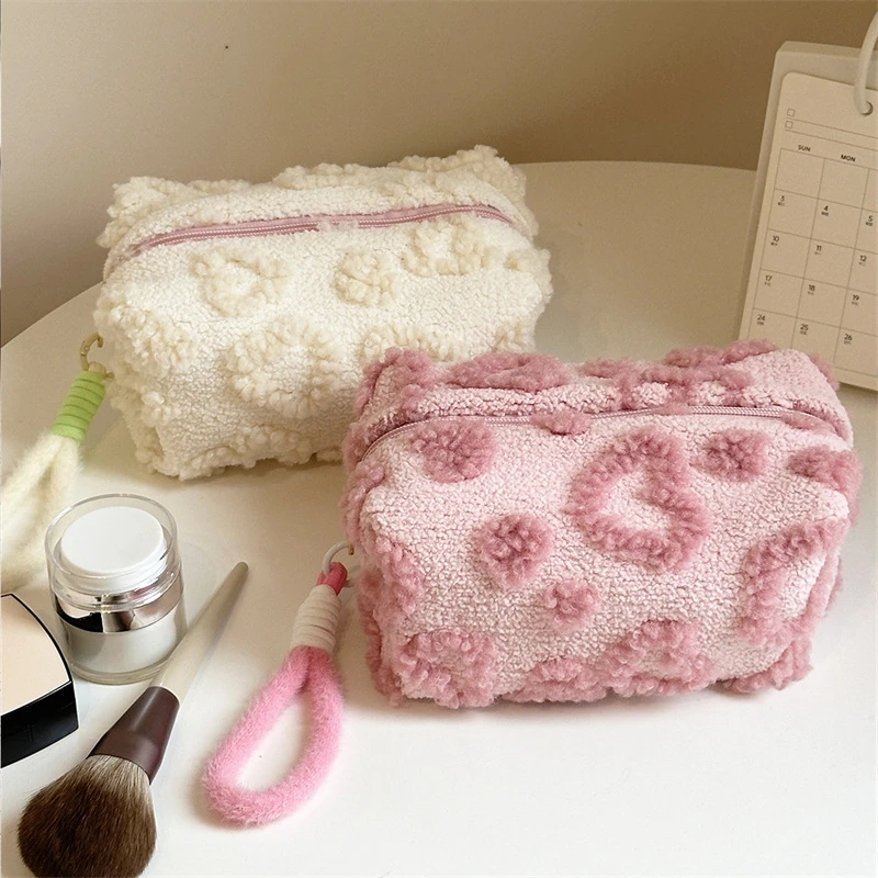 New Pink Red Color Heart Cosmetic Bags with Lanyard Girl Large Capacity Travel Organizer Cute Plush Makeup Bags for Women 4