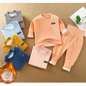 Autumn Winter Baby Plush Fleece Thickened Thermal Underwear Sets 0-4Y Kid Boy Girl High Waist Warm Homewear Top and Pants Outfit 1