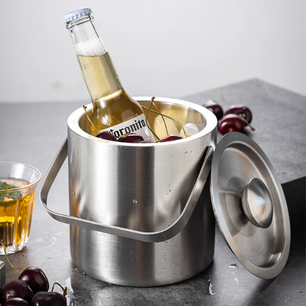 

1.3L Stainless Steel Ice Bucket Wine Beverage Cooler Drinks Chilling Bucket with Handle Ice Cube Container Home Bar Beach Party