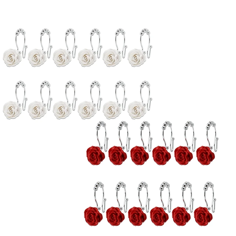

12Pcs Shower Curtain Hooks Double Sliding Rings Made Of Stainless Steel, Ring With Rose Resin, Bathroom Shower Rods