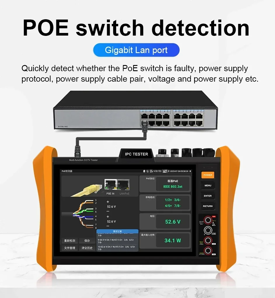 Tester CCTV IPC H12-MOVTADHSEF, Tester IP CCTV CFTV CVI / TVI / AHD / HDMI / VGA / SFP / PoE All-in-one 8K H.265 per Telecamere IP - immagine 3