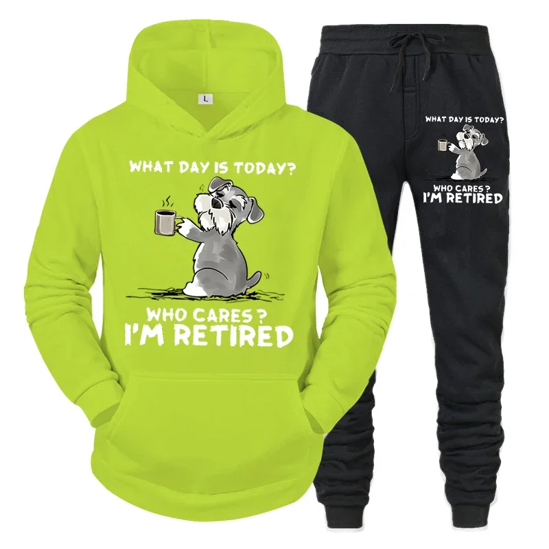 thumbnail image 1 of Conjunto de chándal para hombre nuevo "¿Qué día es hoy? ¿A quién le importa?" Sudadera con capucha y pantalón con estampado divertido de perro y café, conjunto de 2 piezas de pantalones de manga larga, 1 of 4