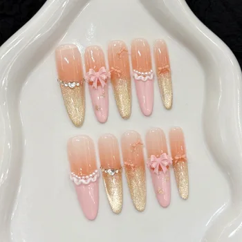 10PCS Glitter Cat Eye Handmade Press on Nail Romantic Golden French Fake Nail with 3D Bow Nude Glossy Almond Nail Art Full Cover