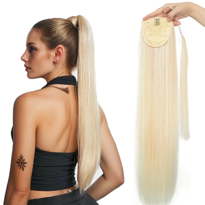 

#60 Ponytail Human Hair Natural Real Hair Extensions Wrap Around Clip on Ponytails Thick Ends Platinum Blonde 24inch 60cm 140G