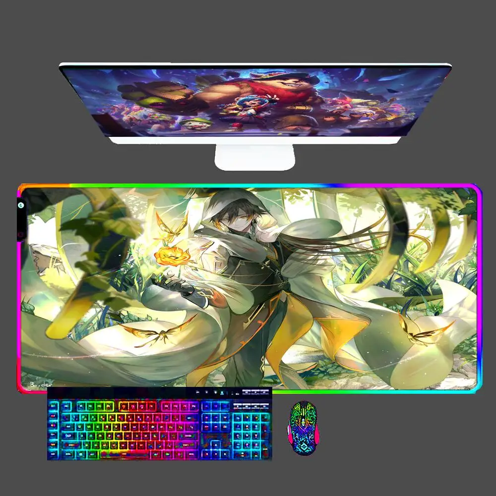 Zhongli Genshin Impact Large Mouse Pad RGB PC Computer Gaming Accessories Rubber Mousepad LED Locking Edge Desk Mat Gamer Carpet