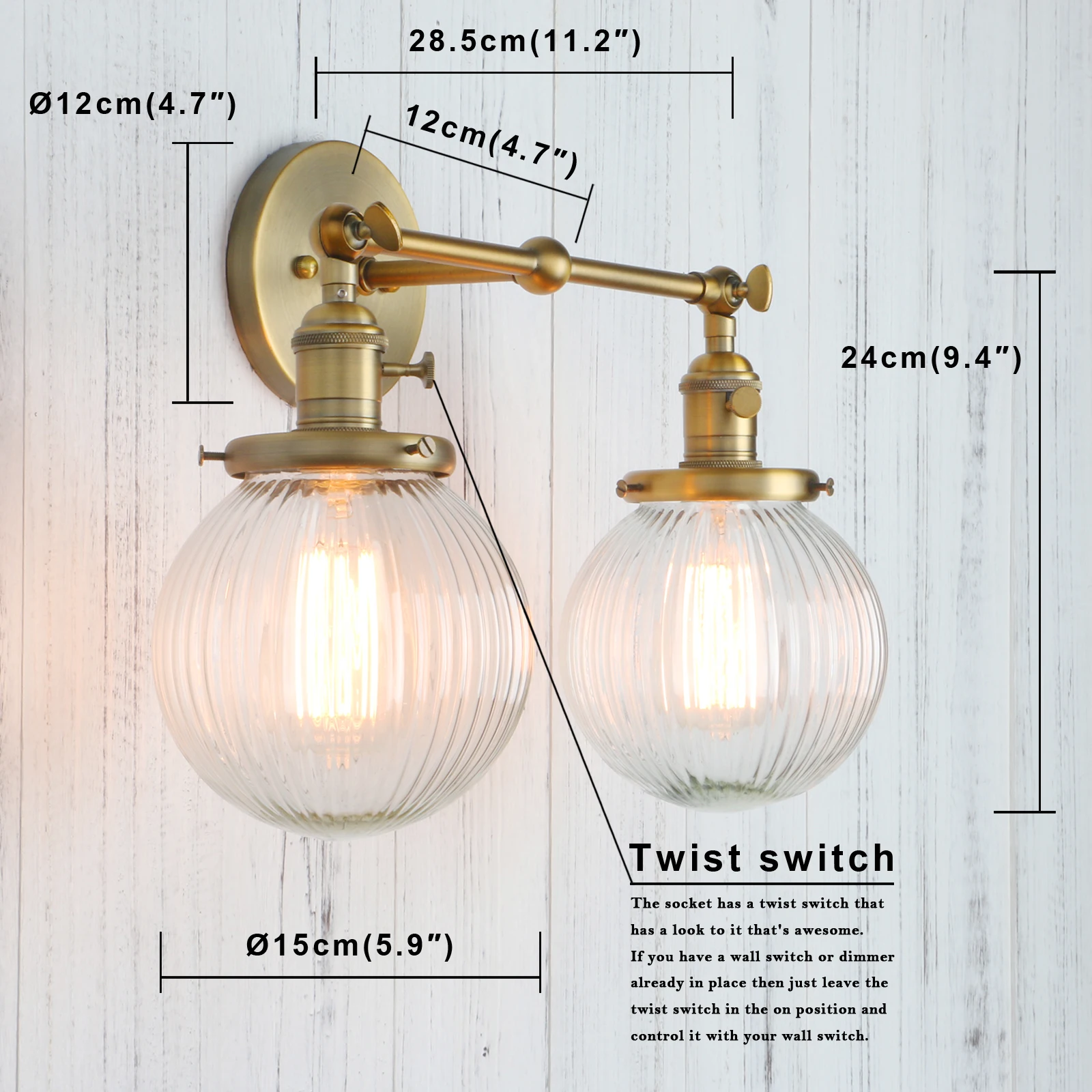 Wall Sconces Phansthy Vintage with Globe Glass Shade 2 Lights Double Head Wall Lights with Switch Retro Style Rustic Lamps led light led wall lamp wall light