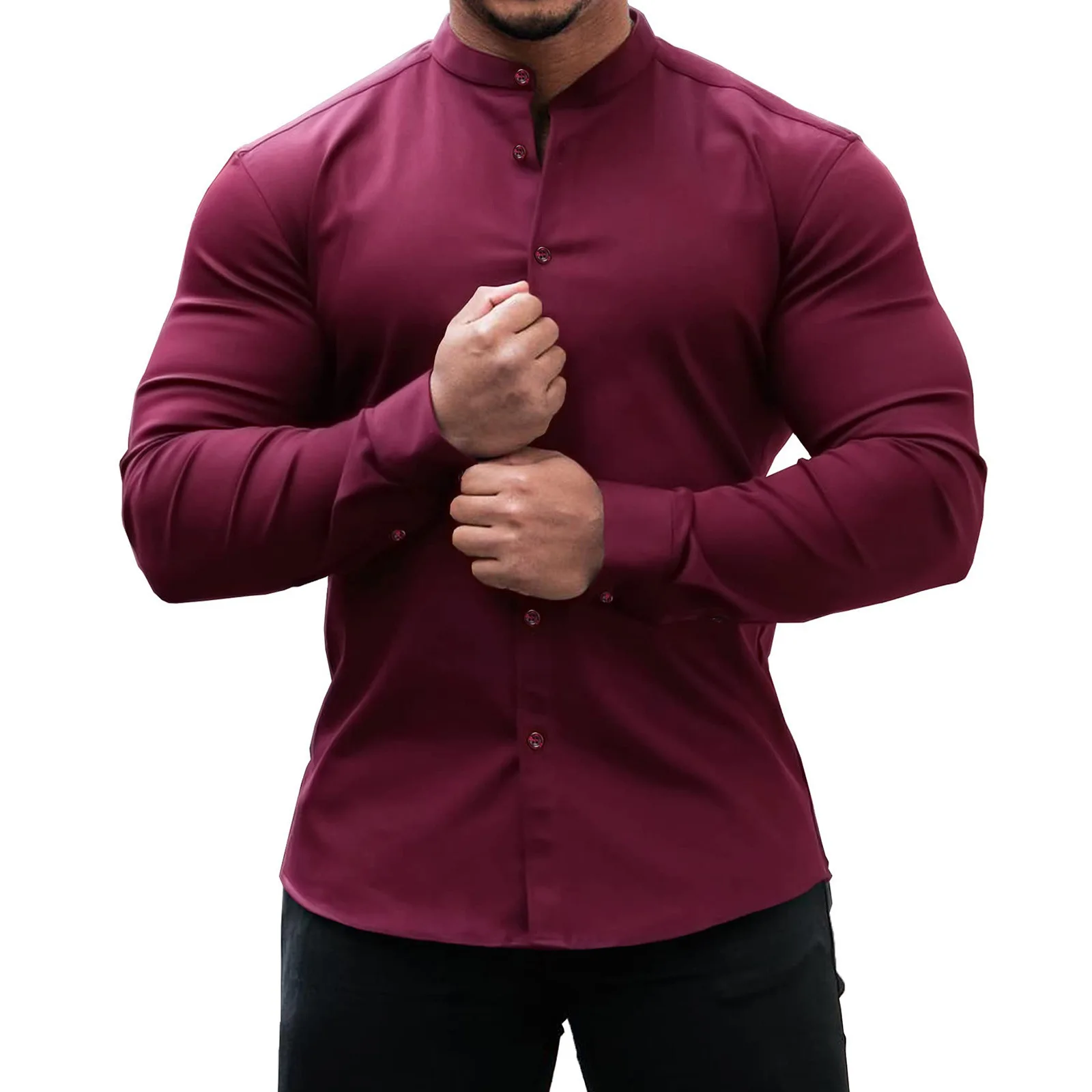 Mens Summer Business Collarless Button Long Sleeve Slim Fit Shirts