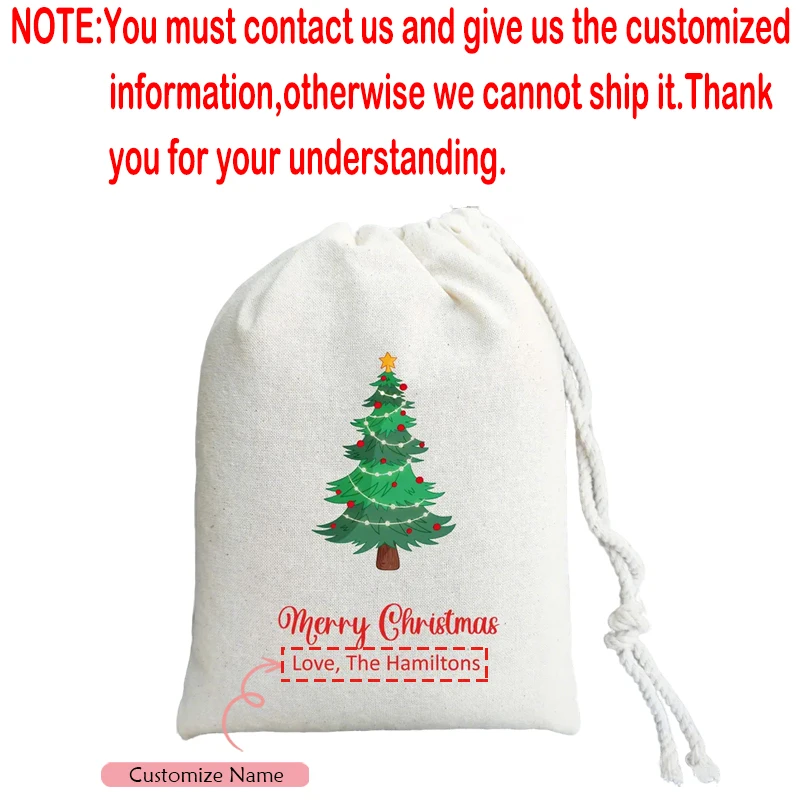 4 Stück personalisierte Name Frohe Weihnachten Kordelzug Geschenktüten Benutzerdefinierte Weihnachtsbaum Leinwand Geschenktüte Urlaub Party Dekoration Zubehör – Detail 2