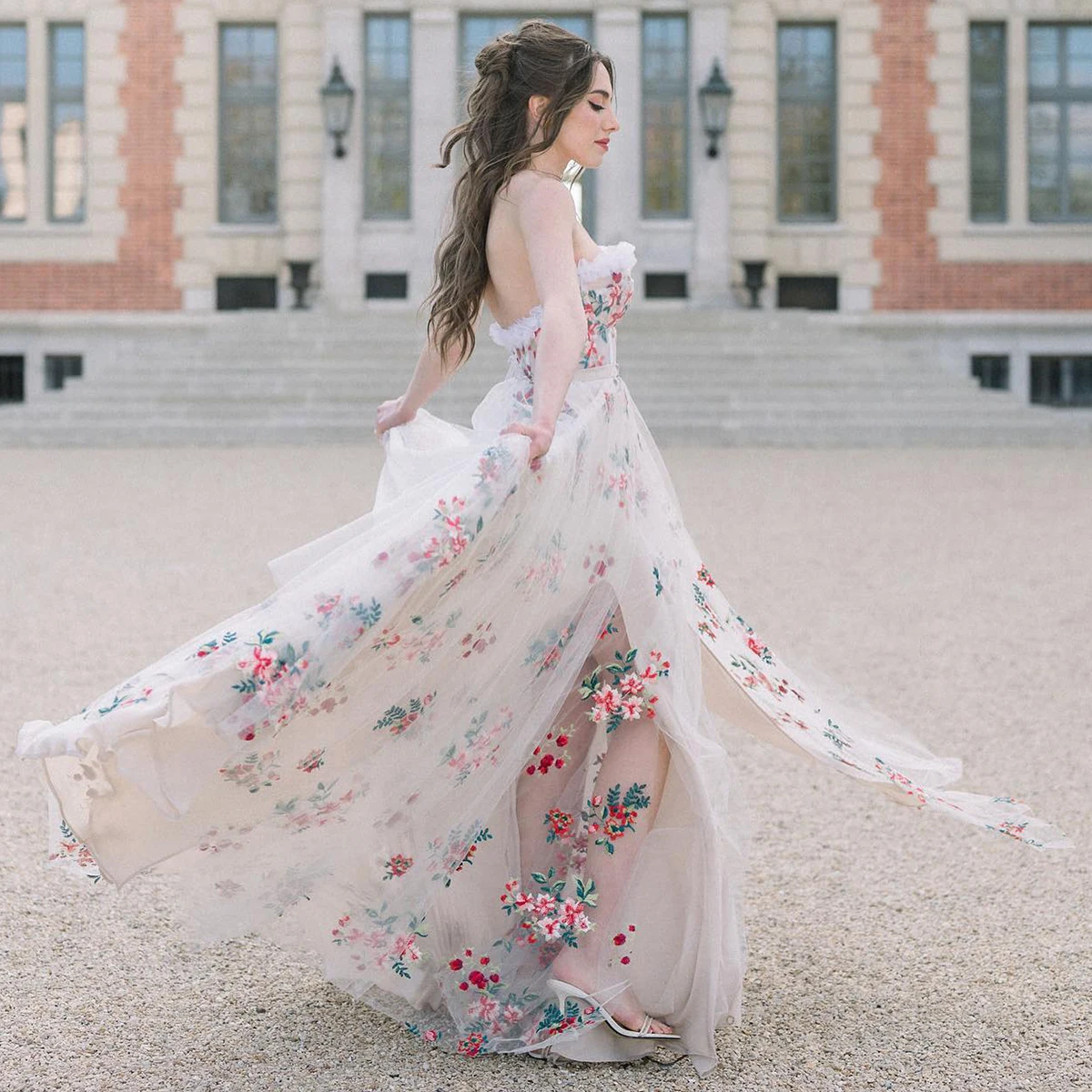 

Цветное цветочное свадебное платье для беременных A-силуэт с оборками сердечком вышитые тюлевые волшебные платья для невесты с длинными рукавами