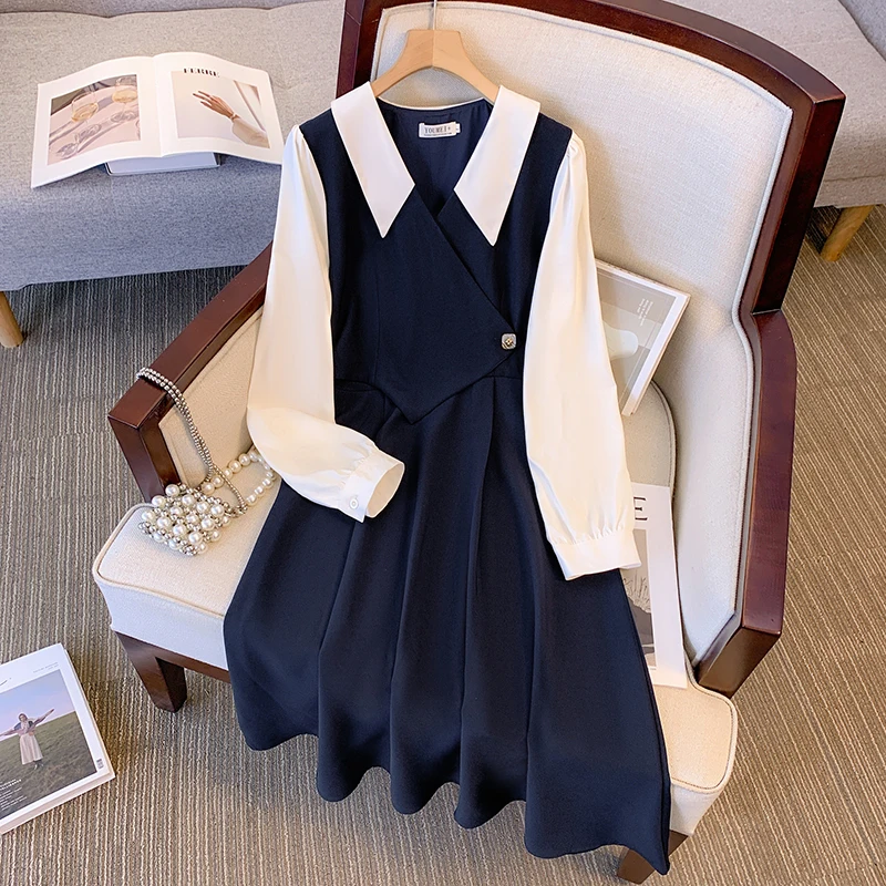 

Autumn Winter Women Dresses Doll Collar Long Sleeve Casual Female Elegant Large Size Elegant Splice Fake Two Pieces Party Robe