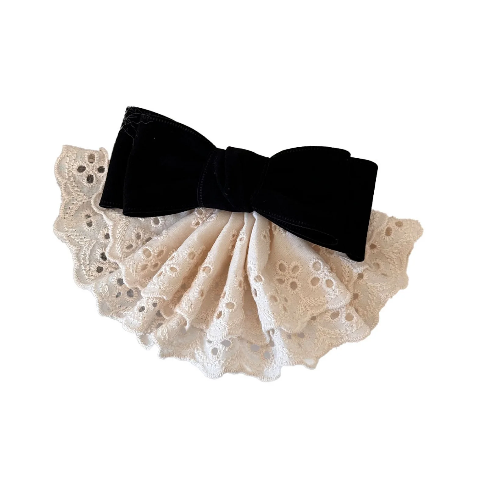 1PC Ins Style Black Velvet Bow Hair Claw, Cream Lace Ruffled Hair Clip For Women, Elegant Retro Hair Accessory