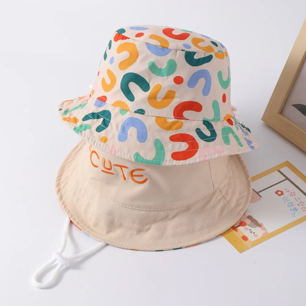 Korean Style Double Sided Sunhat Cotton Breathable Baby Shading Hat Letter Embroidery Anti-UV Children's Fisherman Hat Girls