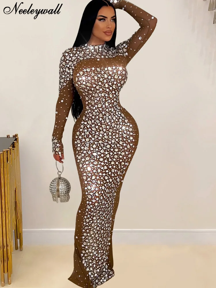 

Великолепные прозрачные платья Neeleywall с кристаллами, длинное платье макси, женское прозрачное Сетчатое платье со стразами, наряды знаменитостей на день рождения