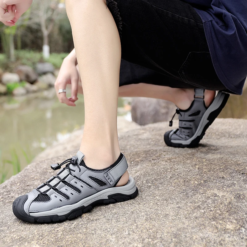 Summer Breathable Men's Bag Head Sandals Hollow Mesh Hole Shoes Outdoor Non-slip Flats Lightweight Sports Leisure Beach Shoes