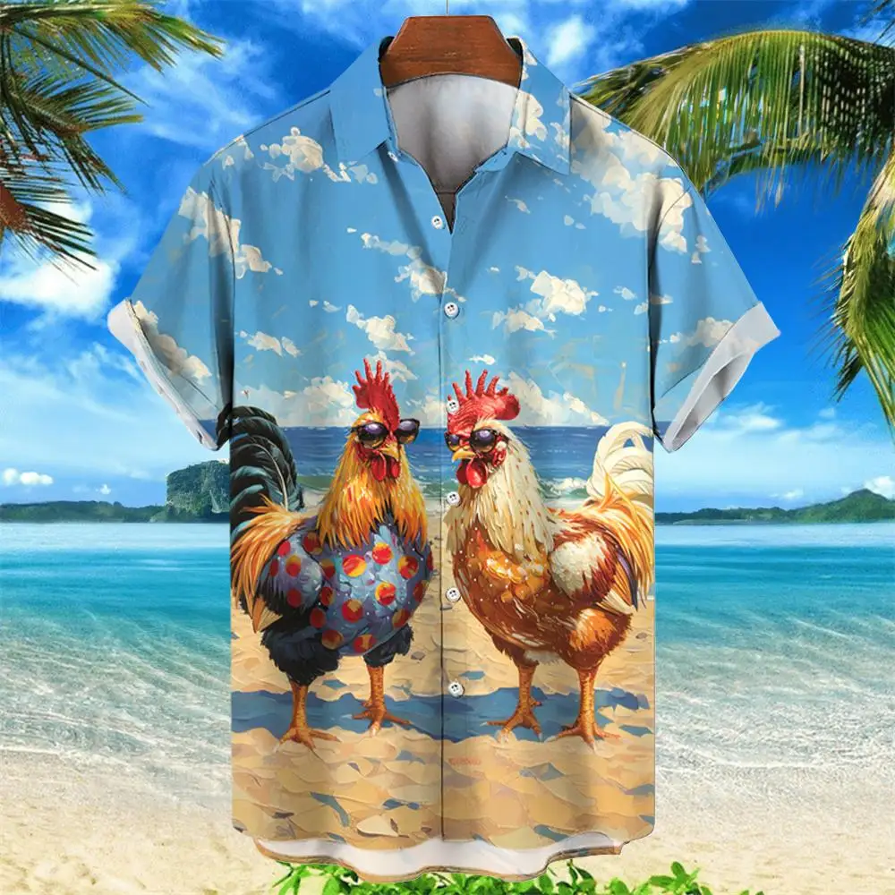 

2024 Men's hawaiian shirts 3D Prints beach chicken graphic summer short sleeve shirt for hawaii style fashion unisex aloha shirt