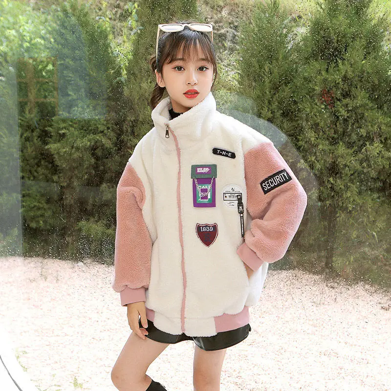 

Teenager Girls Embroidered Fashion Autumn Winter Baseball Kids Jackets Children's Hip-hop Turtleneck Casual Thick Warm Coats