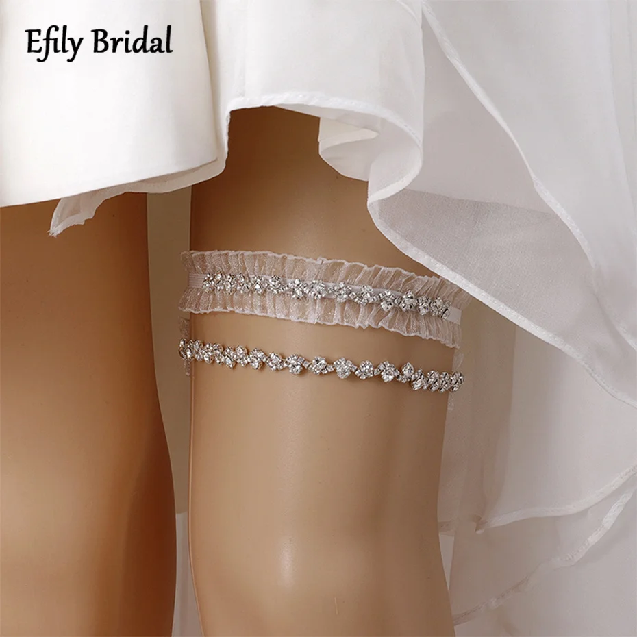 Efily Rhinestone Wedding Garter Jewelry Silver Color Crystal Bridal Lace Garter Suspenders for Party Dresses Bridesmaid Gift